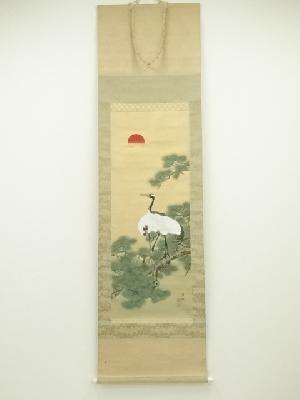 国井道成筆　松上鶴　肉筆絹本掛軸（共箱）